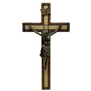 Vintage Crucifix of Jesus INRI Wood Brass Religious Catholic Wall Cross 14”x7.5”